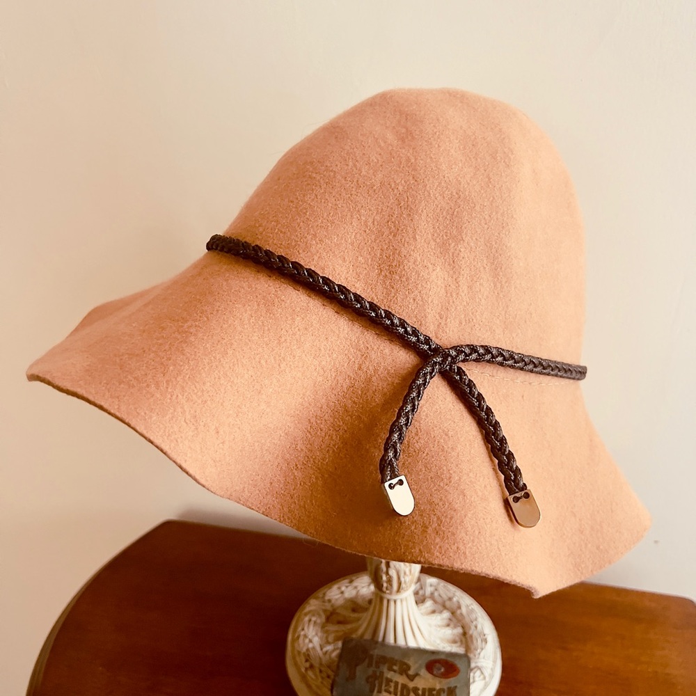 CC Wool Cloche Hat Braided Band Tan Adjustable